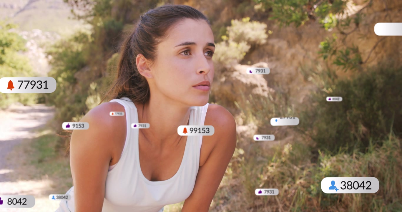 Female runner resting on trail, badges appearing, clustering near face, displaying fitness alerts