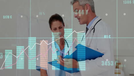 animation of data processing over diverse doctors discussing work in hospital
