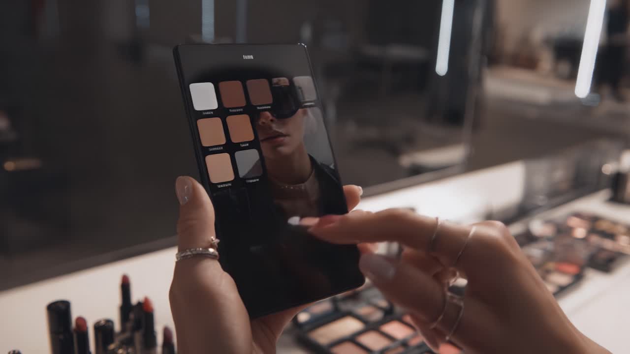 A Fashion-forward Individual Engaging with a Digital Device to Apply Makeup, Showcasing a Modern Blend of Technology and Beauty in a Contemporary Setting