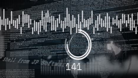 Animation-of-scope-scanning-and-globe-over-data-processing-on-black-background