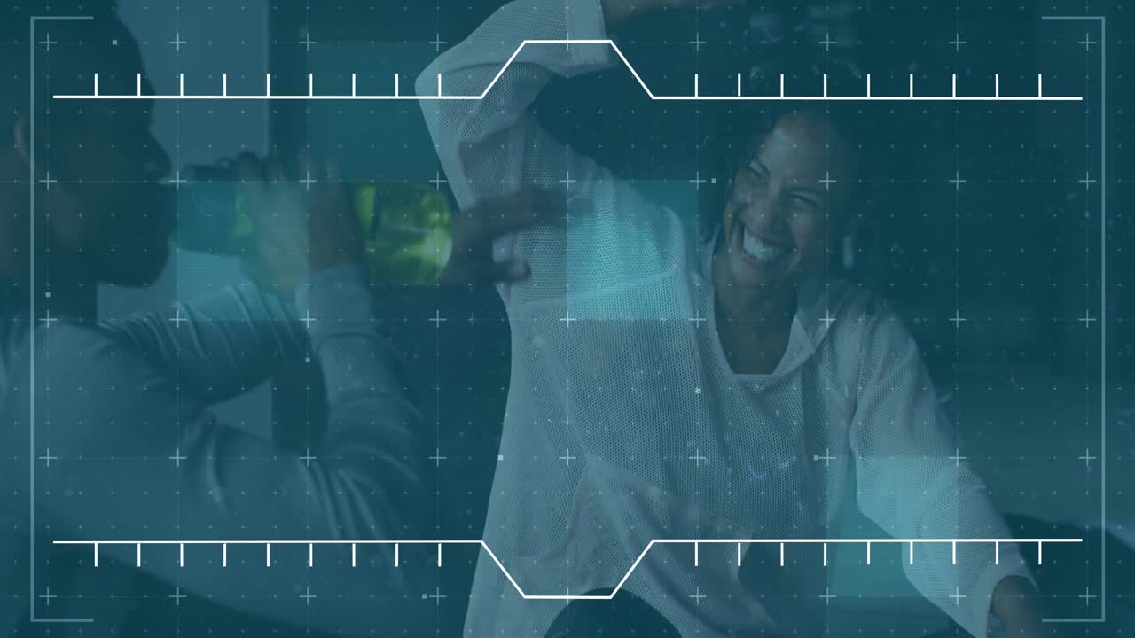 Animation of data processing over man and woman high fiving taking break during exercise