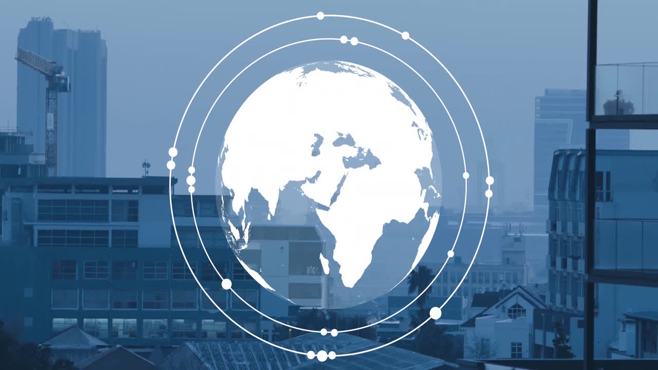 도시 풍경 위에서 회전하는 지구의 애니메이션