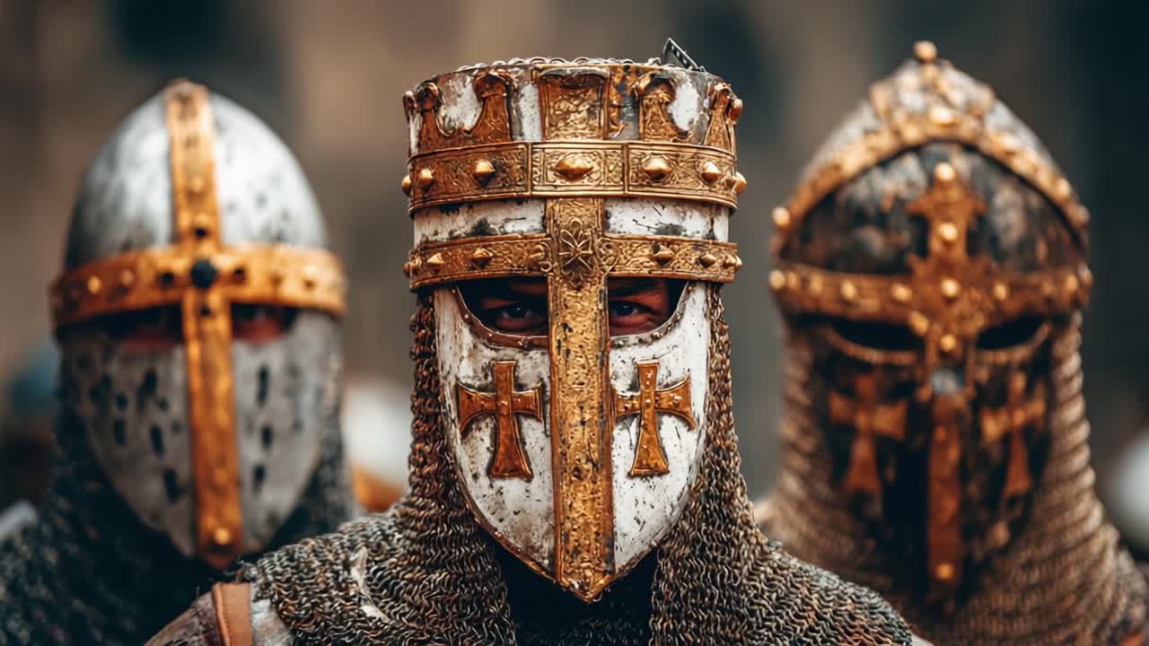 Porywający pokaz średniowiecznych wojowników w ozdobnych zbrojach, z misternymi wzorami i królewskimi koronami, symbolizujący męstwo i honor w historycznych scenach bitewnych