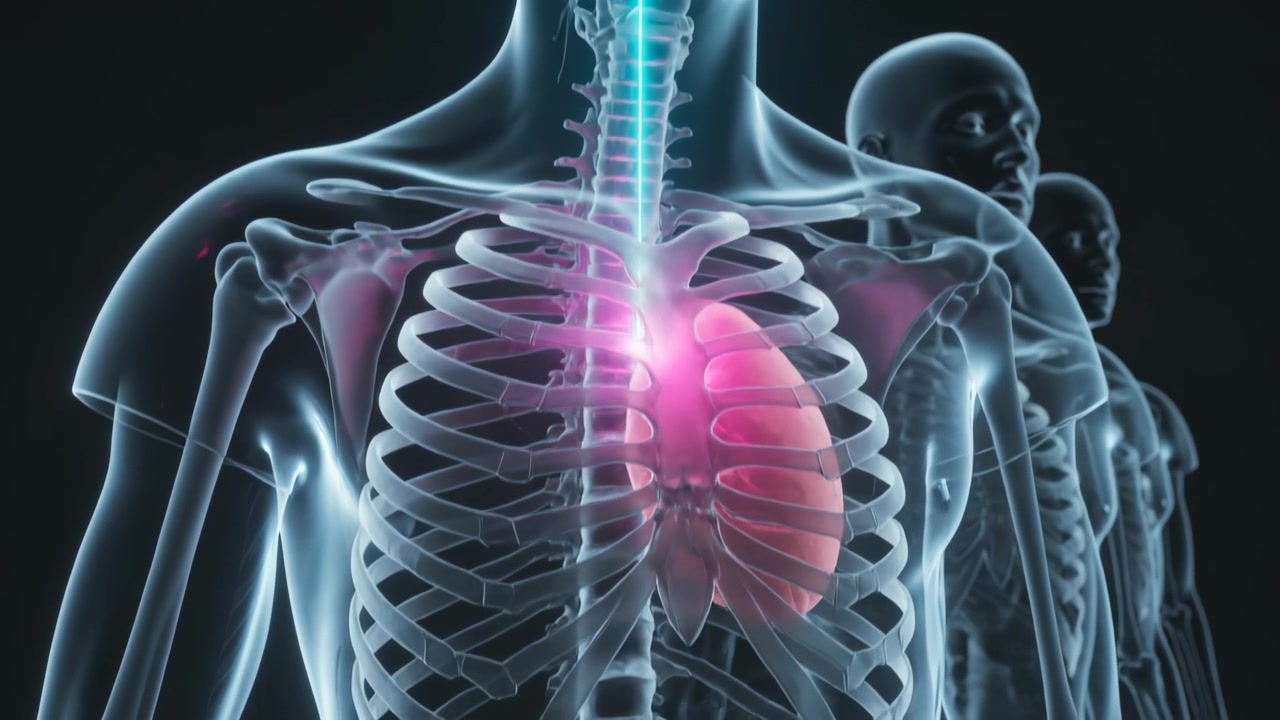 Un raggio ciano appare tracciando dalla bocca alla trachea, il centro del busto illumina il polmone sinistro in studio