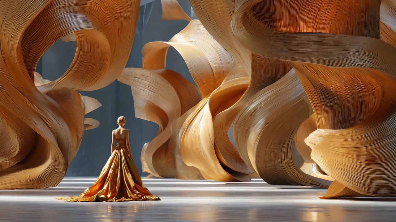 Elegant Woman in Gold Dress at Art Exhibition