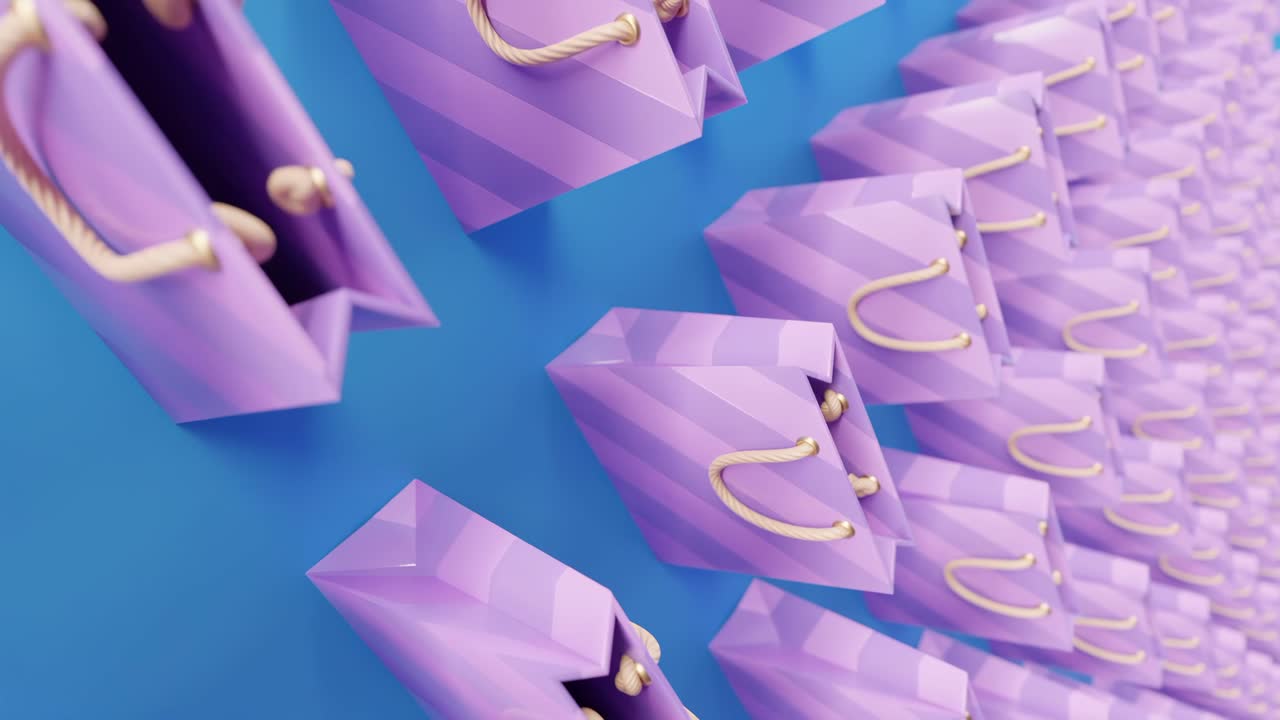 Rækker af lilla gaveposer 3D vertikal animationskoncept.