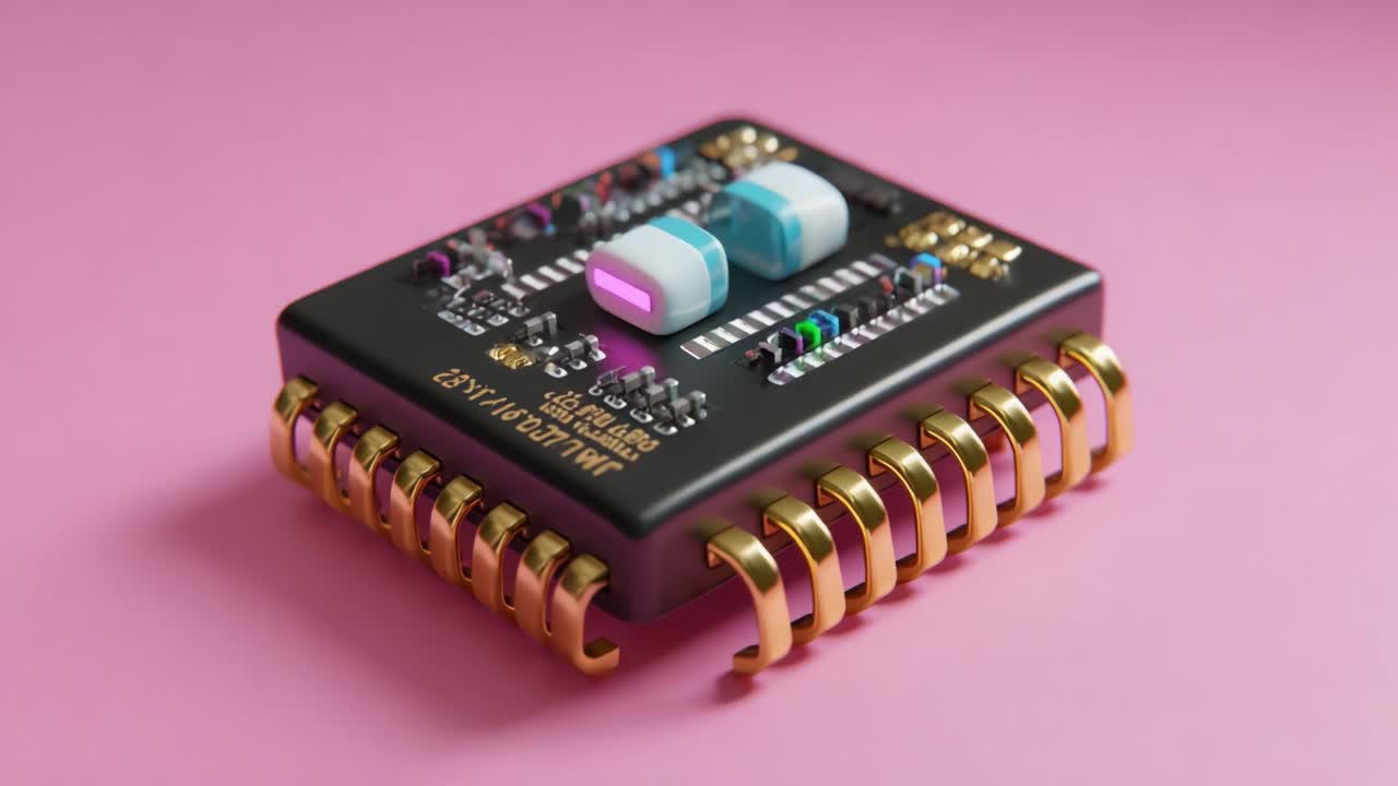 An Artistic Representation of a Computer Microchip Featuring Vibrant Colors and Intricate Circuitry, Displaying Multiple Components on a Smooth Pink Background, Capturing the Essence of Modern Technology Aesthetics