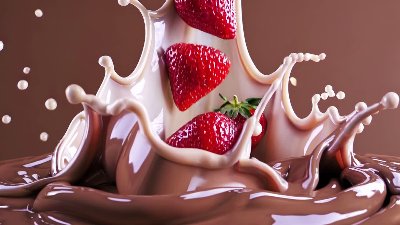 Close-up video of strawberries splashing into swirling chocolate and cream, captured from a low