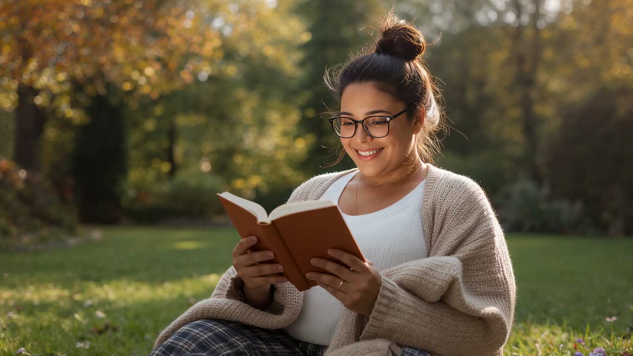 Assise sur l’herbe, une femme lit un livre de poche dans un parc pour se détendre, portant un cardigan en tricot et des lunettes