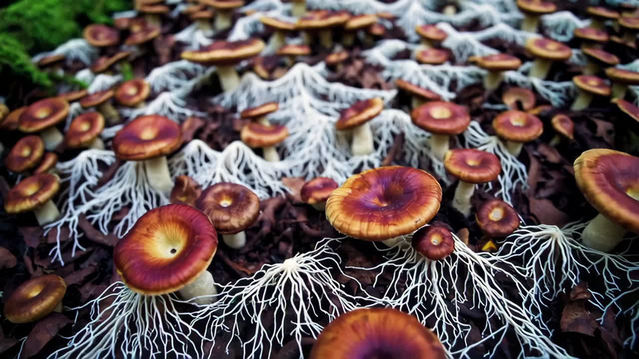 Close-up of Mushrooms with Extensive Mycelial Networks