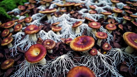 close-up of mushrooms with extensive mycelial networks