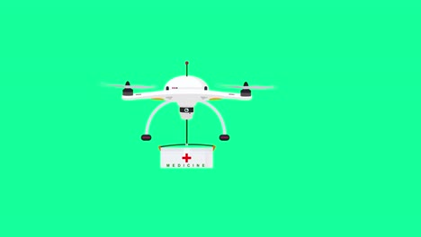 Una-Caricatura-O-Representación-Animada-De-Un-Dron-Que-Entrega-Suministros-Médicos-De-Emergencia-En-Un-Fondo-Verde-Y-El-Dron-Vuela-De-Derecha-A-Izquierda-En-La-Pantalla