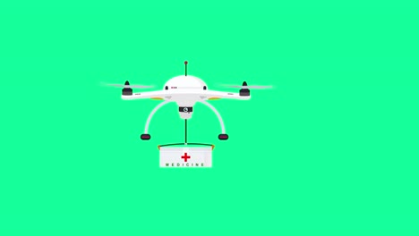 una caricatura o representación animada de un dron que entrega suministros médicos de emergencia en un fondo verde y el dron vuela de derecha a izquierda en la pantalla