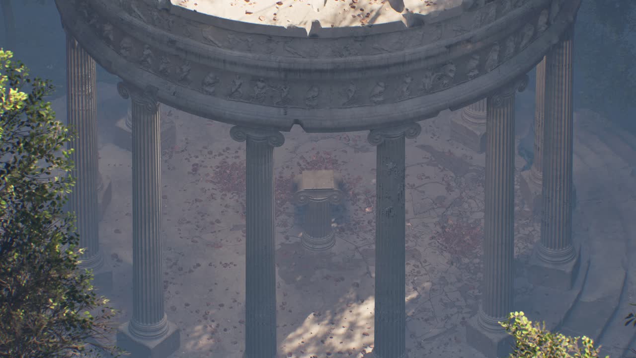 Ancient greek temple ruins aerial view zoom out