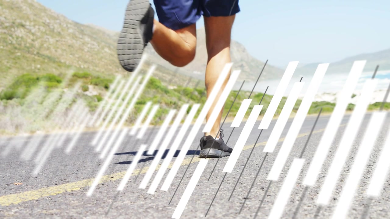 Male runner stepping onto coastal road, starting fitness run with white diagonal bars sweeping