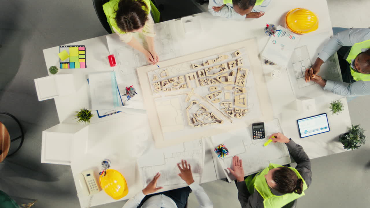 Vertical Video Top down view zoom out of architects and engineers collaborating