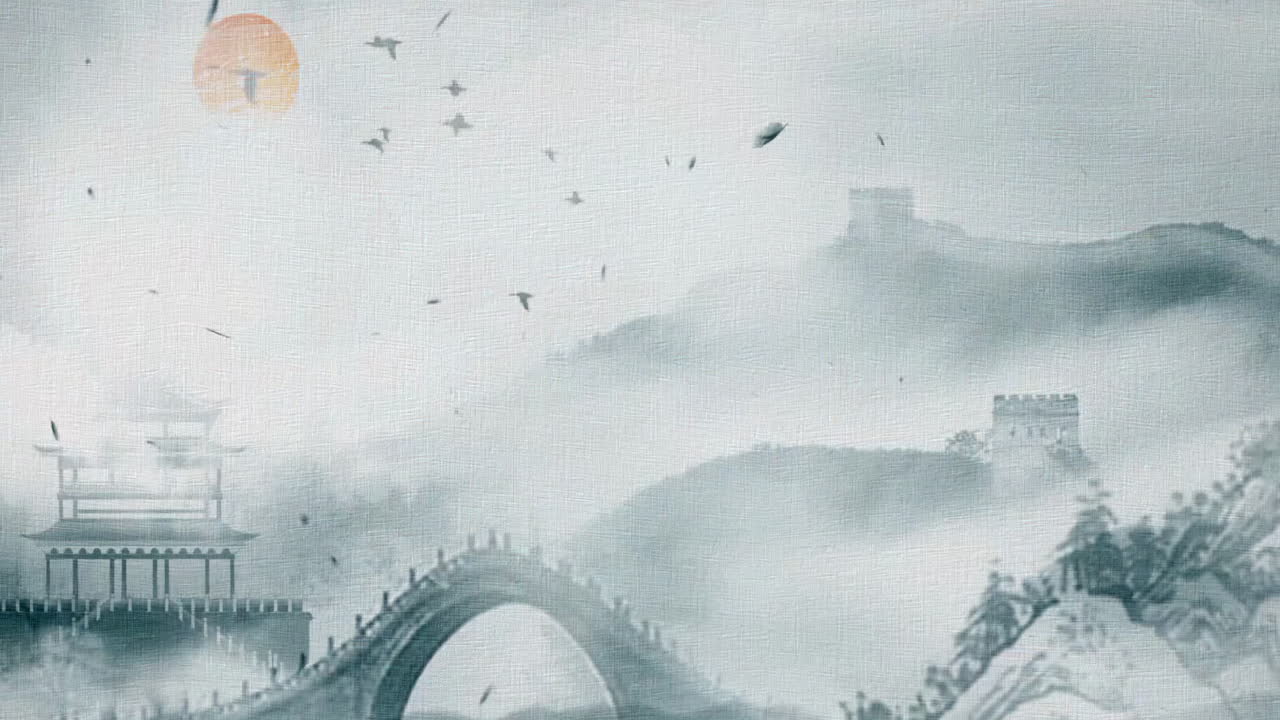 낮에는 고대 중국 전통 일본 풍경 잉크 스타일 레트로 실크 페인팅 라인 텍스처 콘셉트 페인팅 아름다운 평온한 나무, 산, 꽃, 호수, 물, 새, 파란 하늘, 배