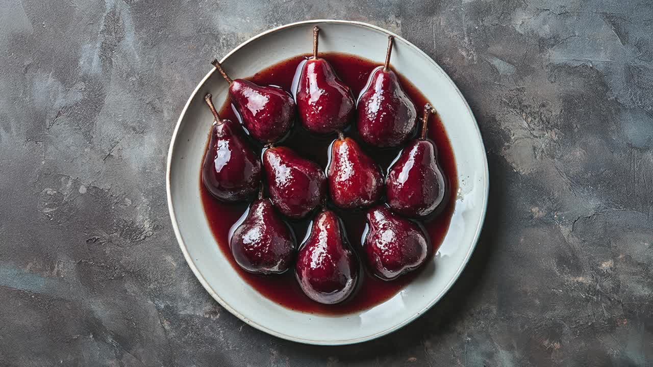 맛있는 포시드 피어 (poached pears) 가 접시 위에 은 와인 소스로 여 있습니다.