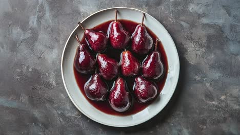 deliciosas peras cocidas en una rica salsa de vino rojo en el plato