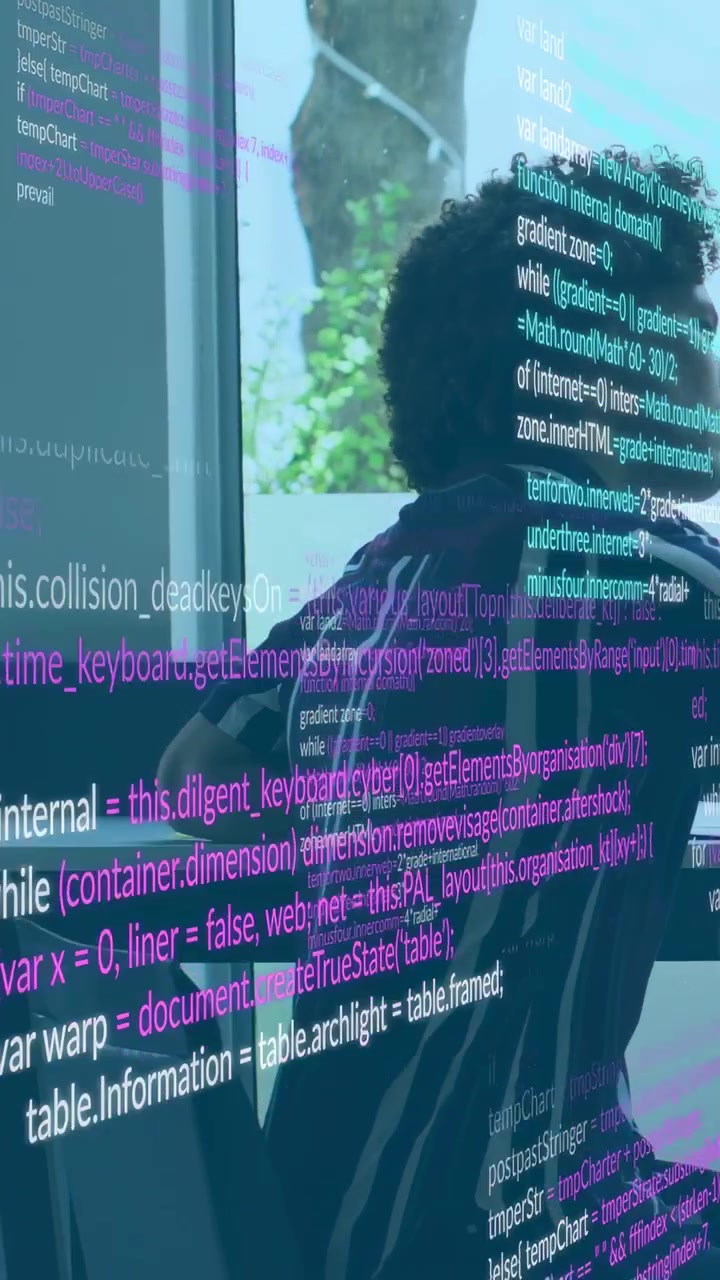 Vertical video: Dev shifting at window while code overlay scrolling across torso for coding review