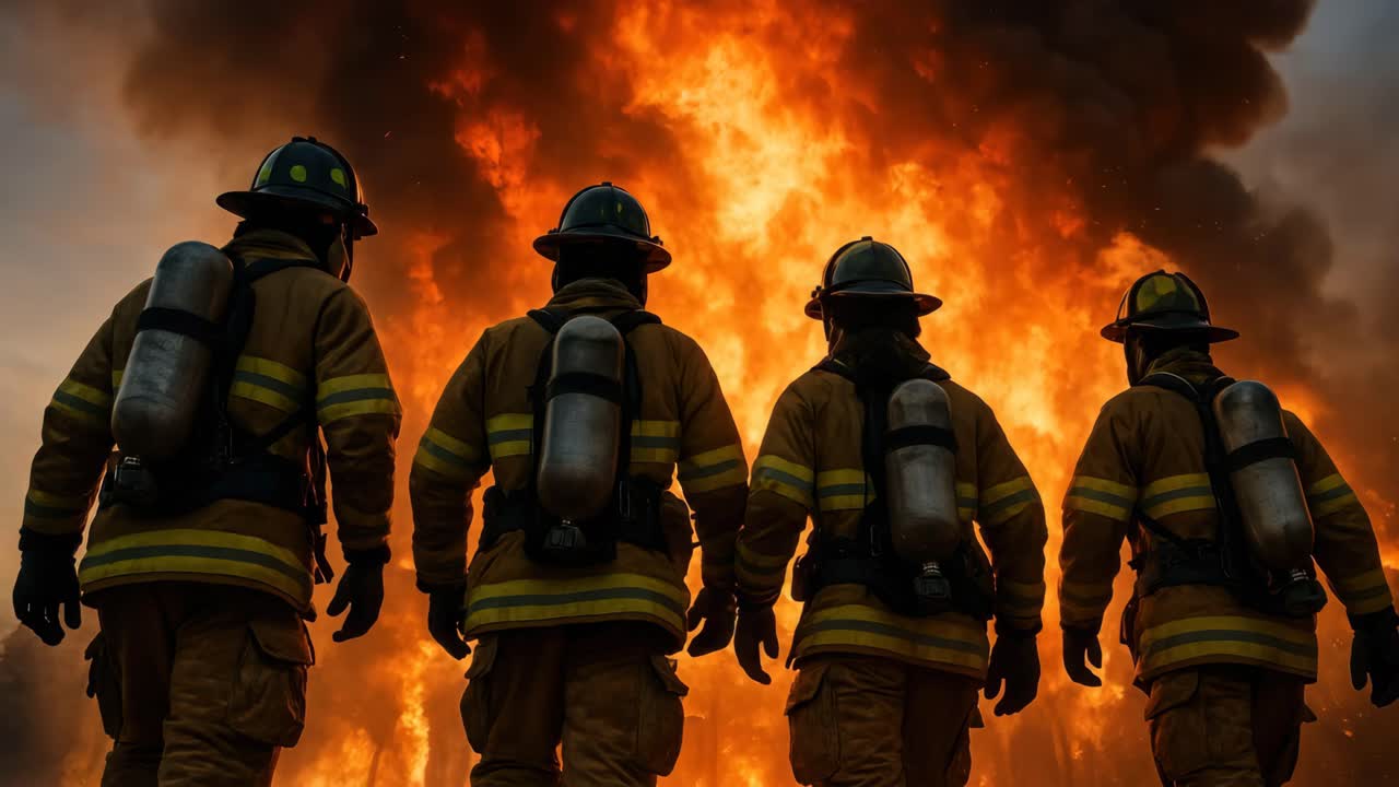 Dramatic low-angle shot of four firefighters facing a massive blaze, capturing action and heroism