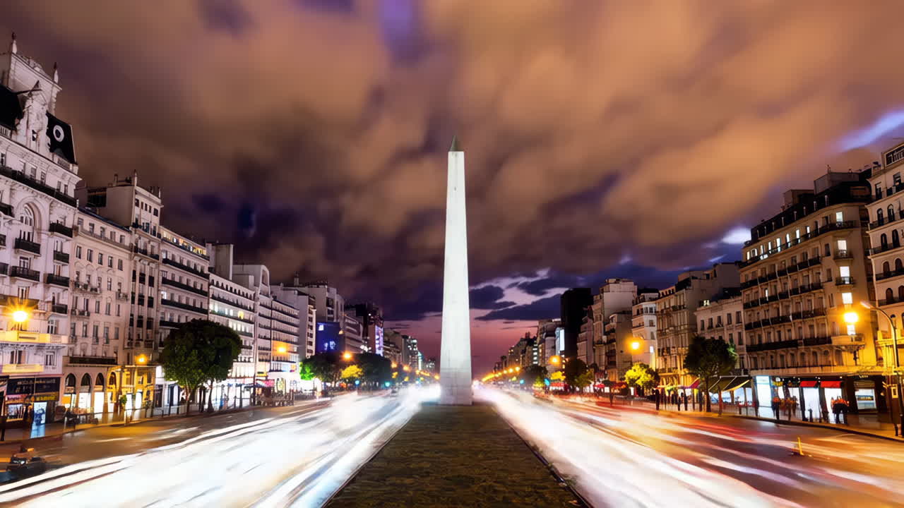 Night view of Avenida de Mayo and the Obelisk in Buenos Aires