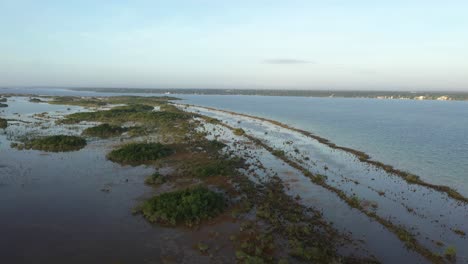 Malerischer-Seeufer-Der-Lagune-Von-Bacalar,-Mexiko,-Einzigartiges-Ökosystem,-Ruhiges-Wasser-Und-Vegetation,-Drohnenaufnahme