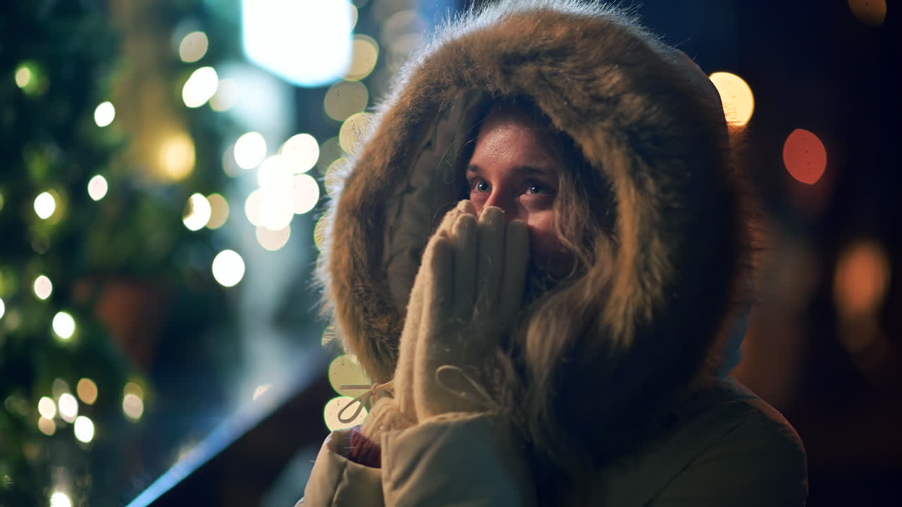 A woman smiles widely and laughs while standing outdoors in a winter wonderland. She wears a furry hood and mittens as festive lights shine in the background, creating a joyful atmosphere