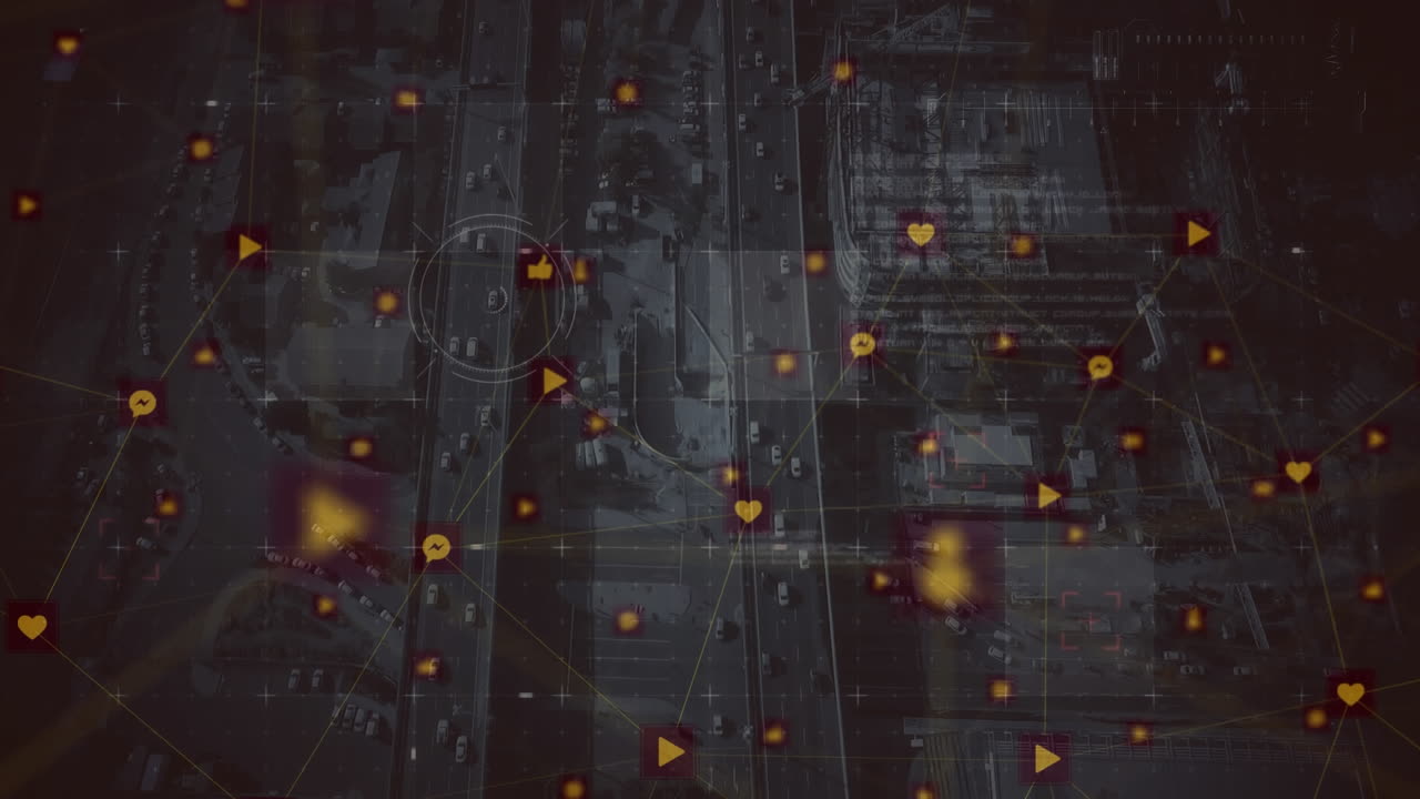 red de iconos de conexión contra el paisaje urbano