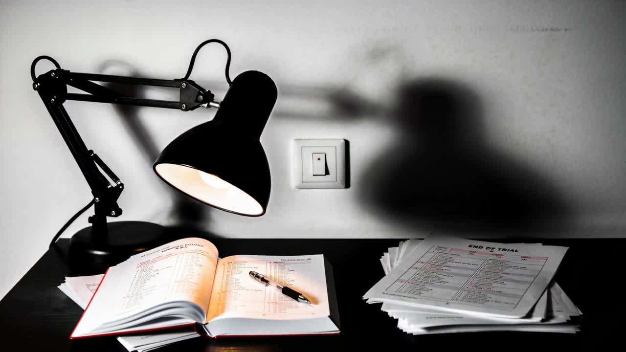 Accensione di una lampada regolabile che proietta un'ombra sulla parete della scrivania, illuminando un quaderno e una penna per lo studio.