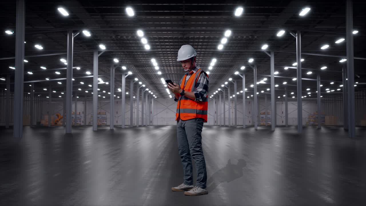 Kokovartalokuva sivulta aasialaisesta miesinsinööristä turvakypärä päässä, joka käyttää älypuhelinta seisoessaan tyhjässä modernissa varastossa.