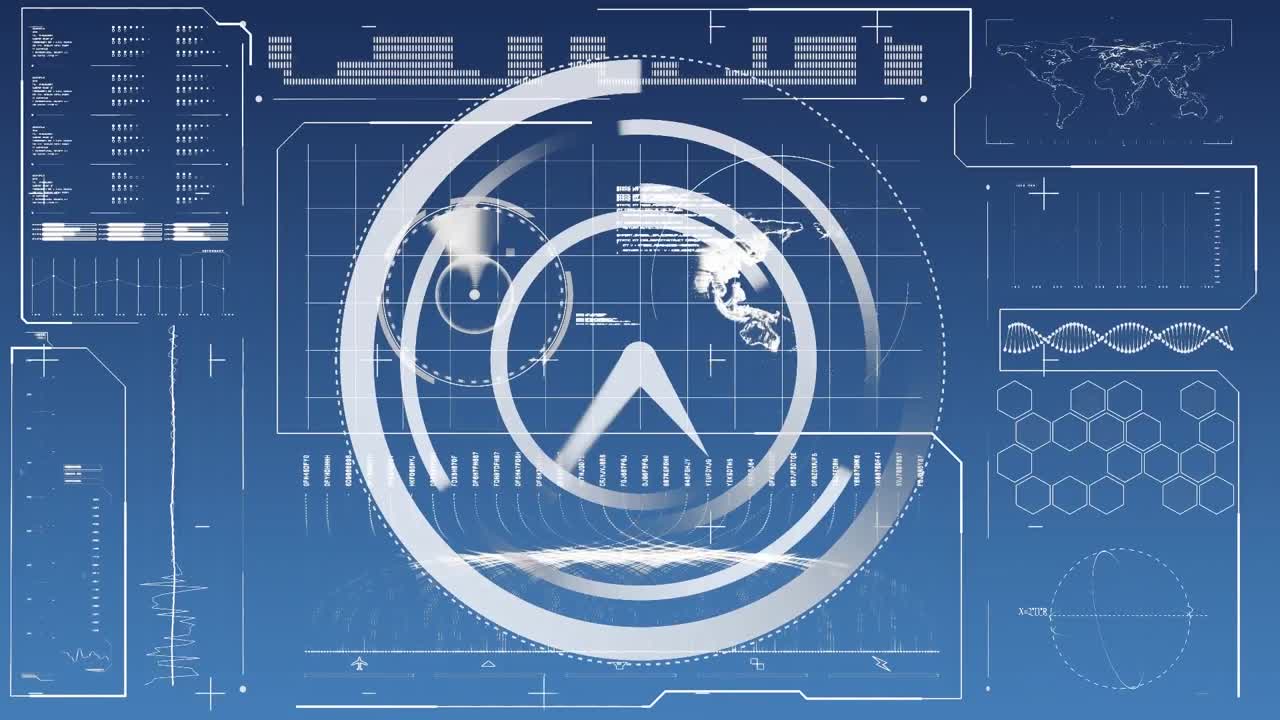 Animation of clock and scope scanning over financial data processing on blue background