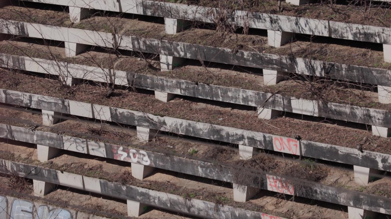 A high-angle telephoto shot reveals repetitive tiers of weathered, graffiti-tagged concrete terraces lined with dry vegetation and bare bushes, showcasing a neglected urban architectural structure.