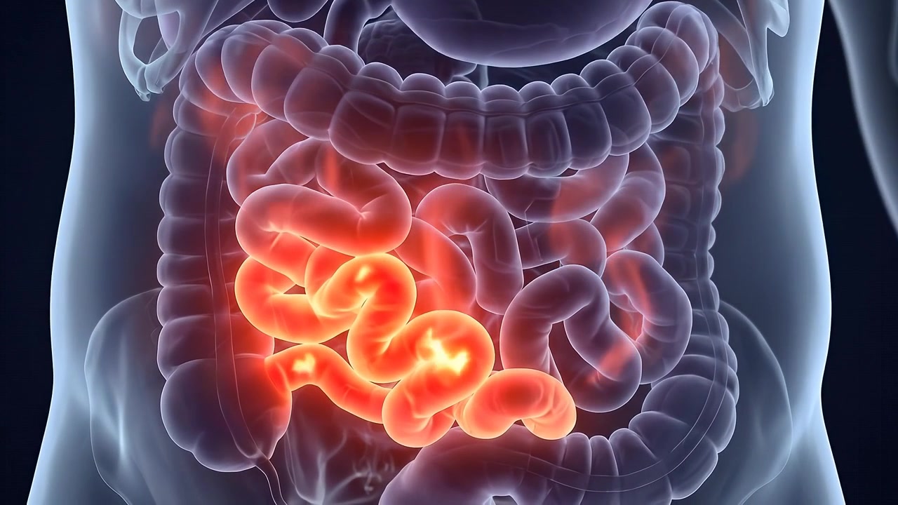 Animazione medica dell'infiammazione dell'intestino tenue nel corpo umano