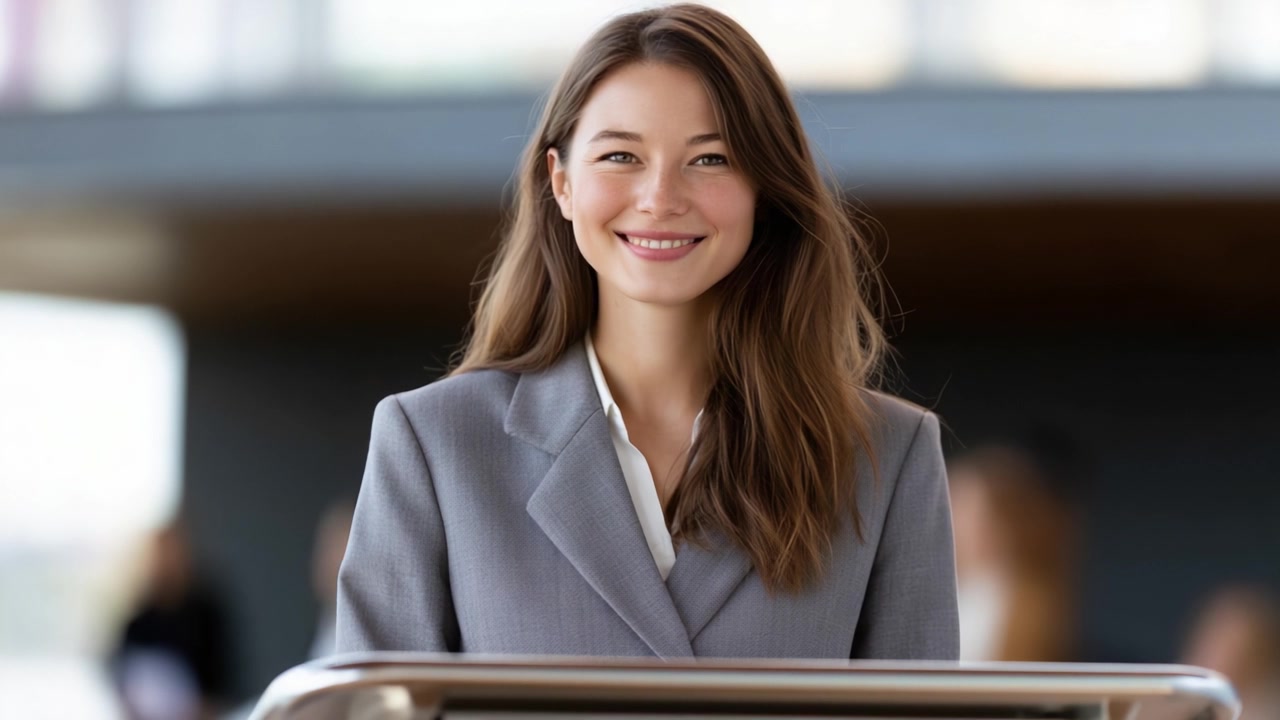 Una donna professionista sicura di sé che sorride alla fotocamera, mostrando compostezza e fascino in un moderno ambiente d'ufficio con un'atmosfera accogliente.
