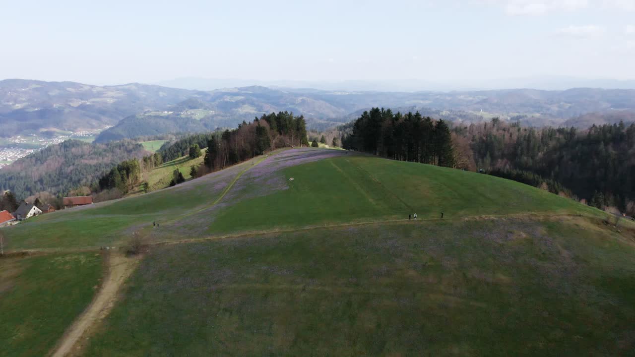보라색 사프란과 크로커스 에 둘러싸인 경로가 있는 광활한 언덕의 높은 전망, 숲의 패치워크와 mrzli vrch에서 지평선까지 어있는 광활하고 파란색의 풍경.