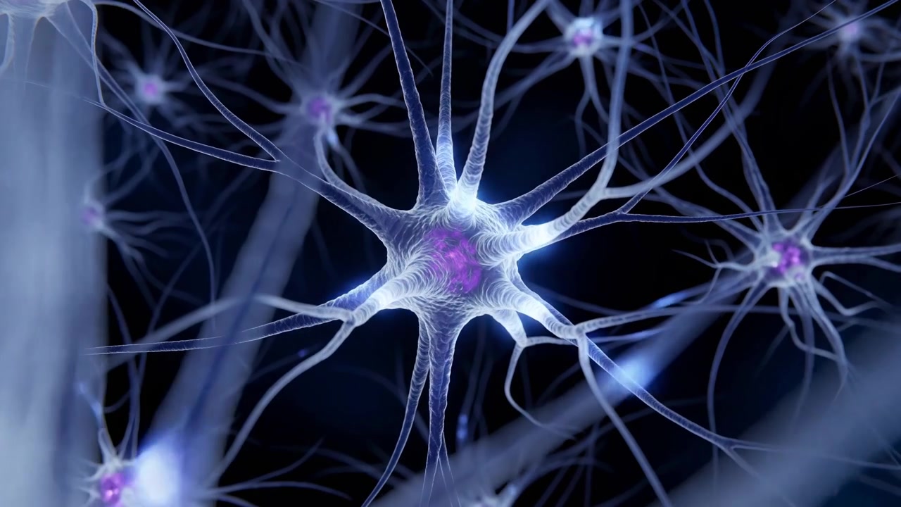La telecamera si muove più in profondità attraverso forme ramificate simili a neuroni mentre impulsi luminosi attraversano fibre sottili, rivelando texture traslucide, centri viola e una profondità blu stratificata