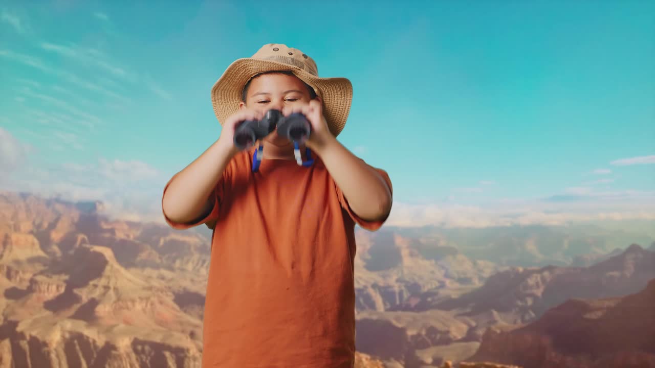 Asian Boy With A Hat Wipes His Sweaty Face After Looking Through The Binoculars. Boy Researcher Examines Something While Traveling At The Top Of Mountain, Travel Tourism Adventure Concept
