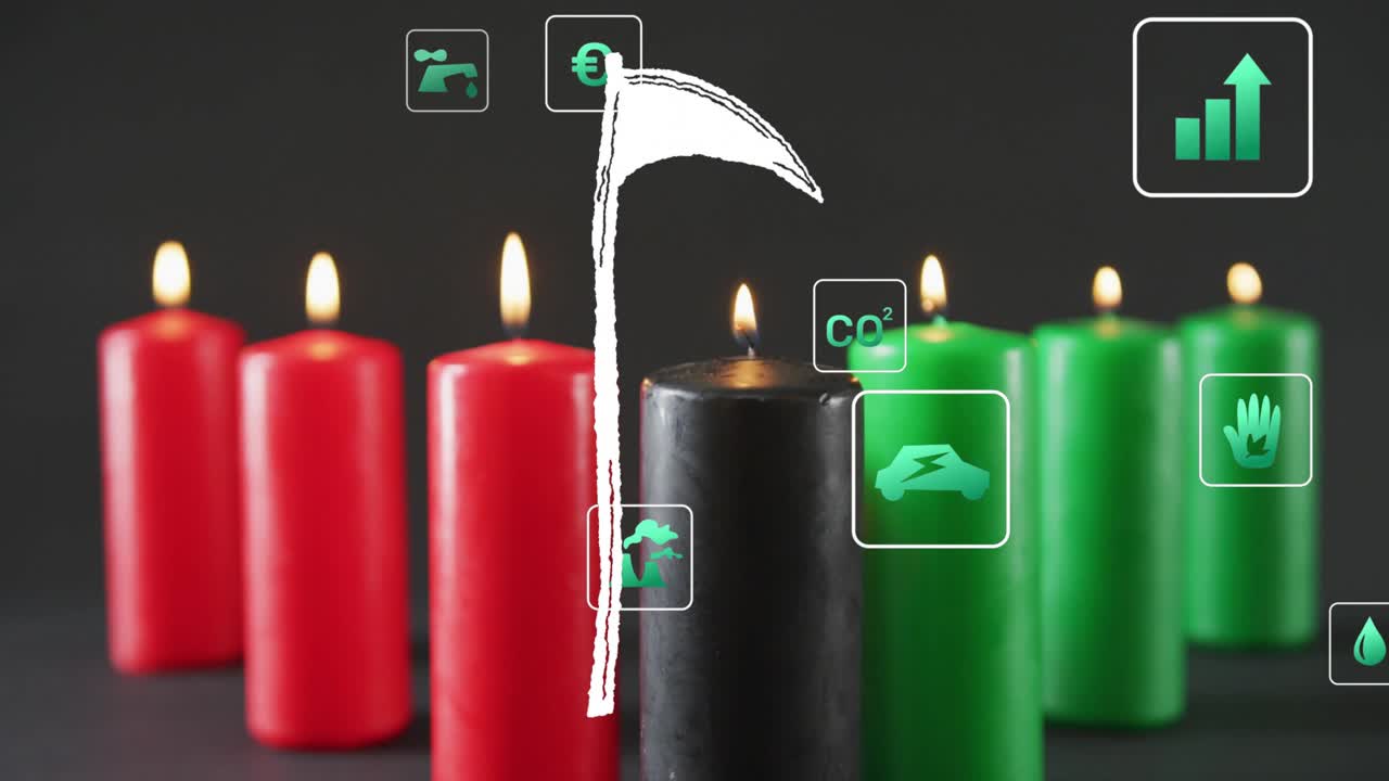 White line drawing splitting candles, icons sliding red to green black candle rising marking shift