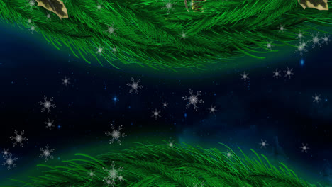 christmas wreath decoration over snowflakes falling against shining stars on blue background