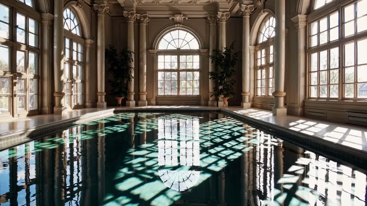 Piscina interior luxuosa com arquitetura ornamentada, capturada de um ângulo baixo