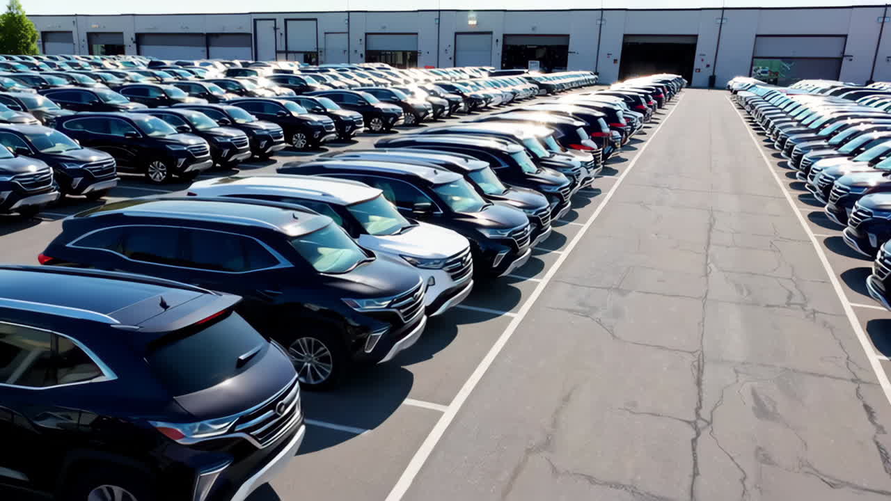 Extensive outdoor parking lot filled with rows of new cars