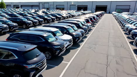 extensive outdoor parking lot filled with rows of new cars