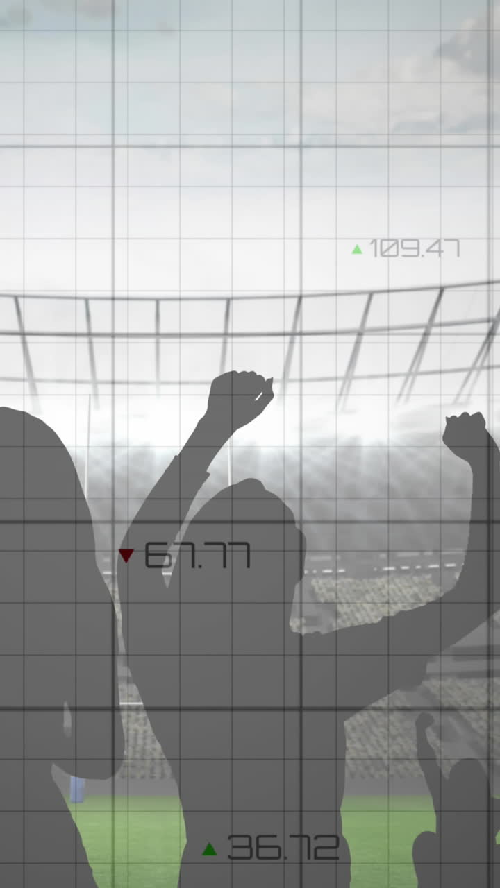 Animation of graphs and data processing over cheering fans at sports ...