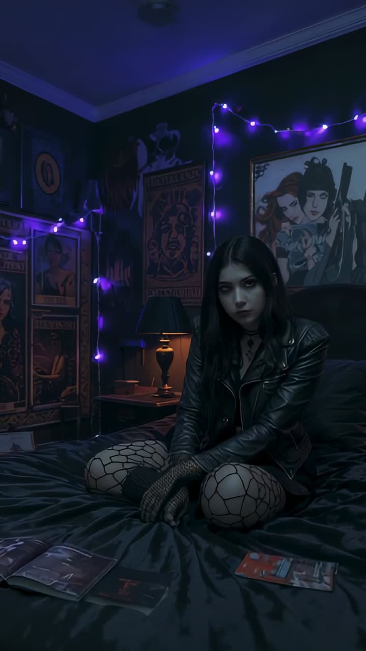 Video verticale: donna goth con camera in movimento, a letto in pelle, che si china, muove le mani e legge le carte