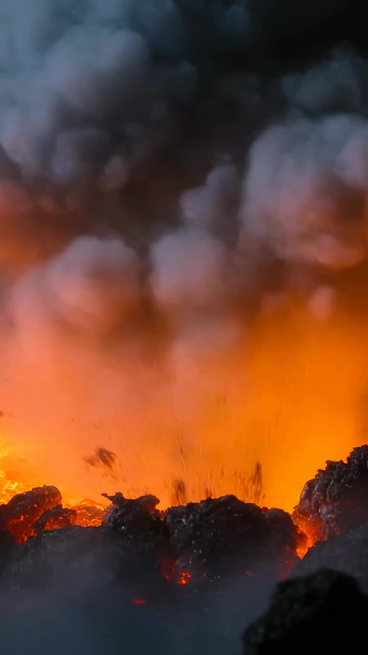 Vertikales Video: Ausbrechender Schlot sendet Aschewolke und heiße Bomben am Krater, während ein Gasstoß Lava antreibt