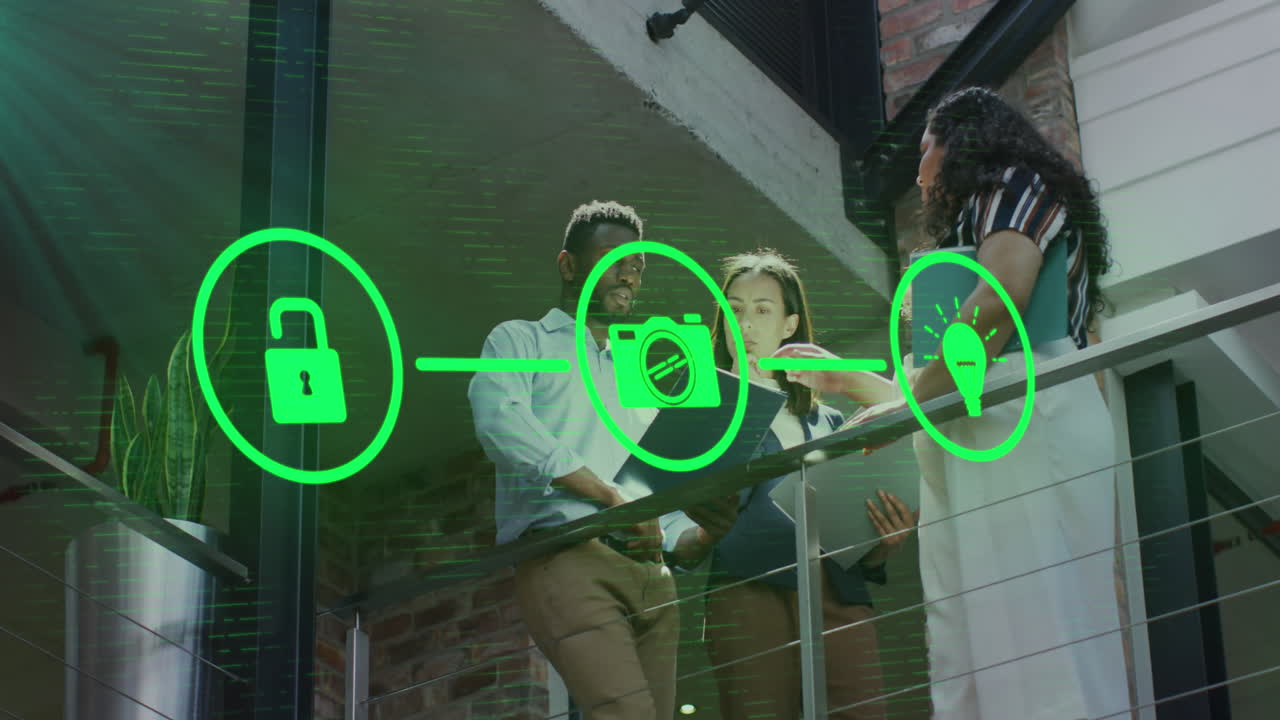 Animation of network of connections with icons over man using warehouse