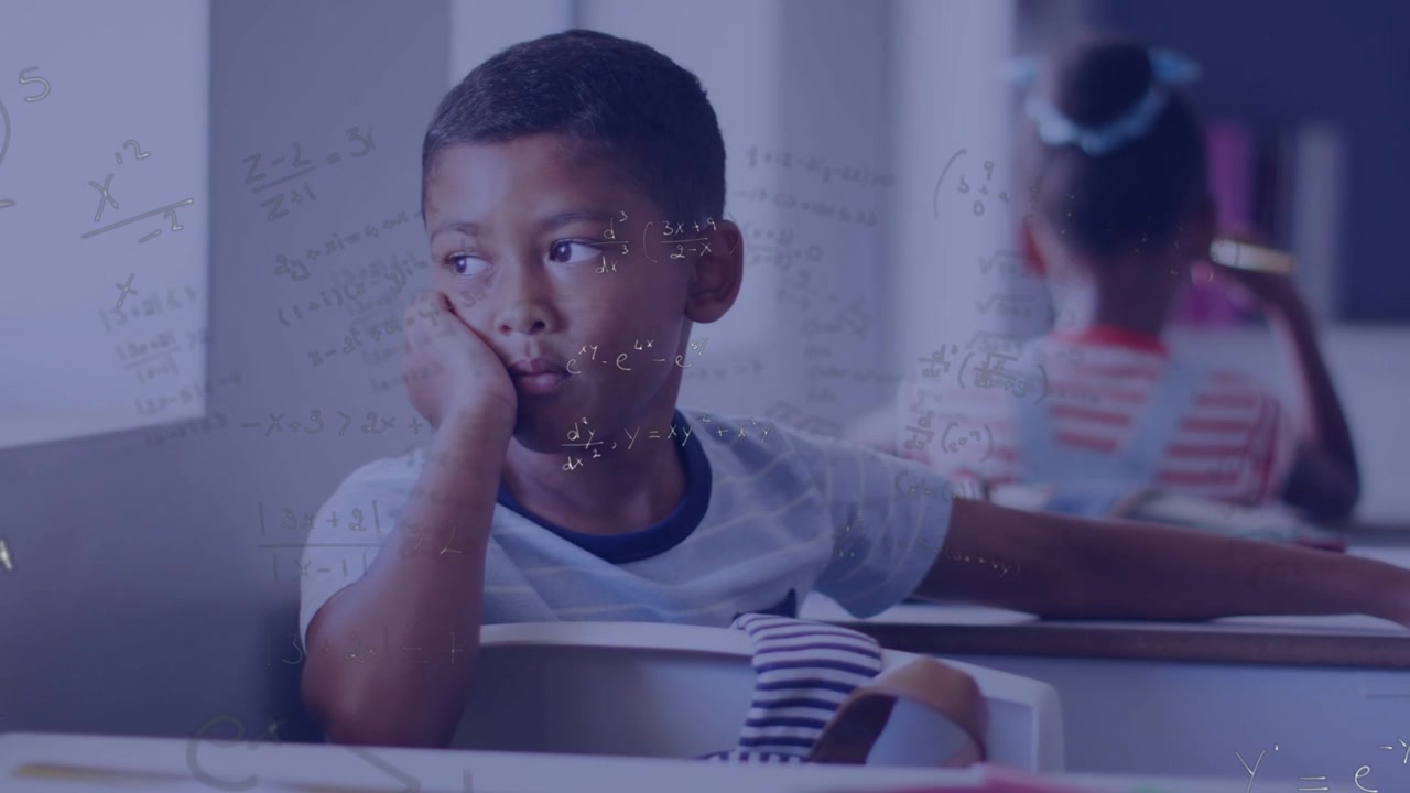 Seated boy leaning in class, glancing as math overlay growing, obscuring him, conveying math focus