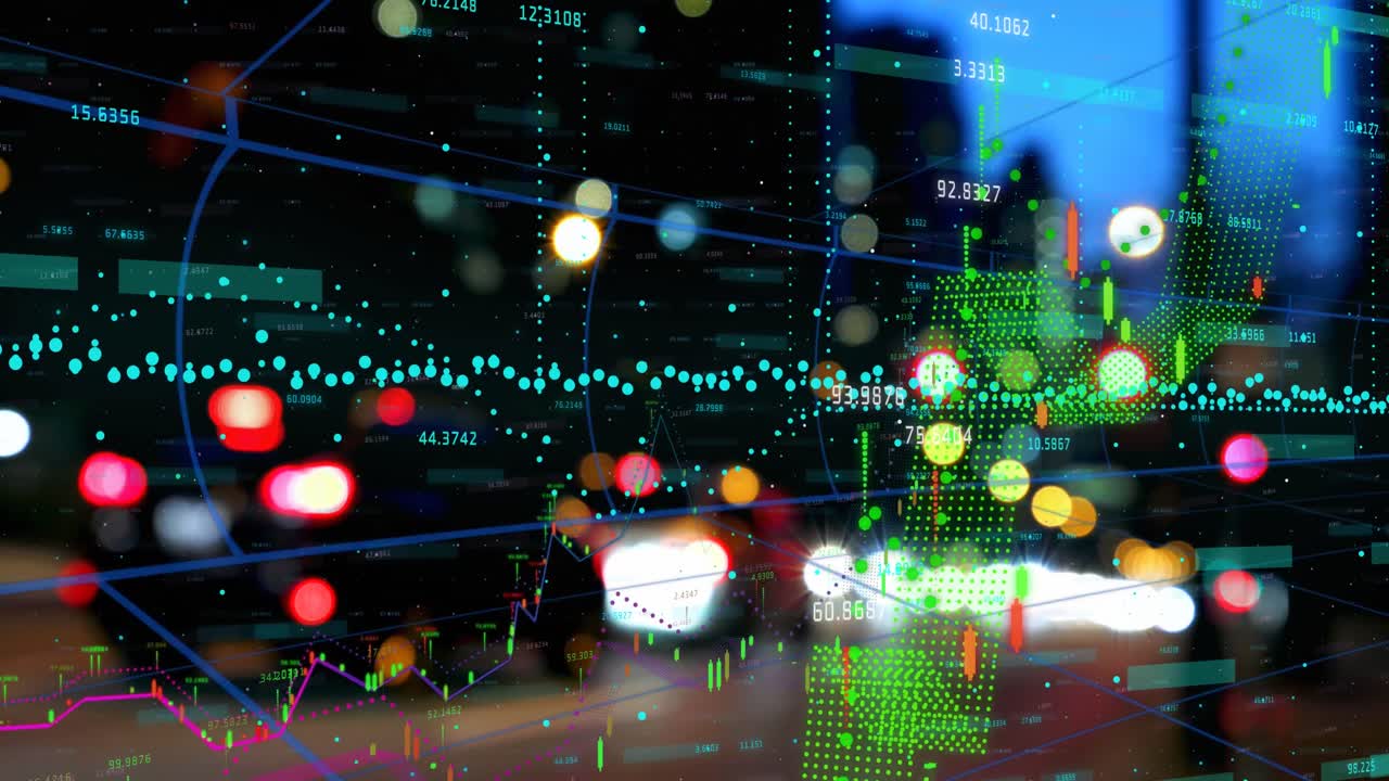 밤 시간 도시 교통에 대한 금융 데이터 처리의 애니메이션