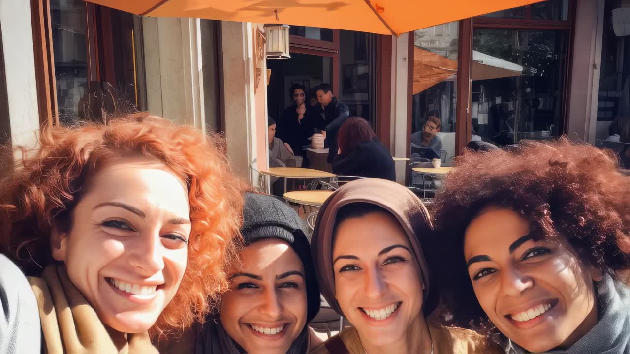 Four female friends enjoying a sunny day outside a bar, smiling and capturing the moment with a selfie. Celebrating friendship and togetherness in an urban setting